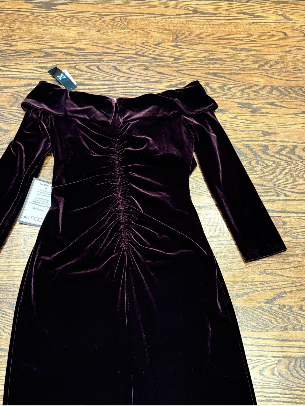Xscape Off-Shoulder Velvet Maxi Dress in Plum/Maroon MOB/MOG - Picture 7 of 9